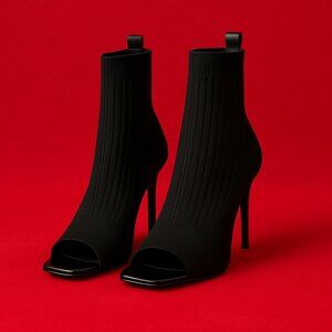 JLO Jennifer Lopez Black Peep Toe Sock Booties Size 10–Stiletto Heel, Stretch Kn